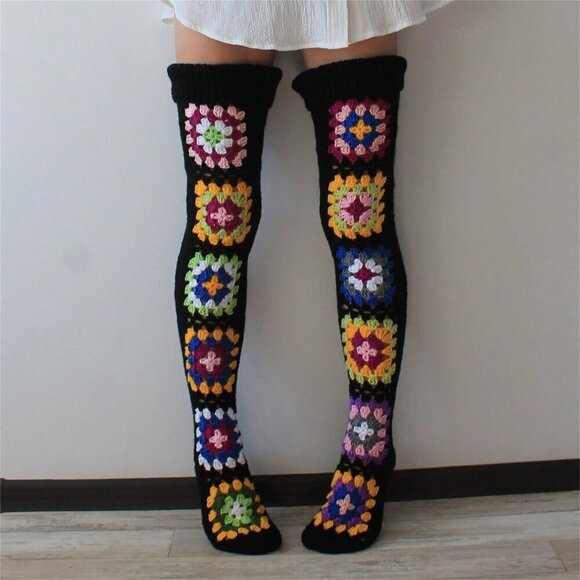Black Women's Extra Long Crochet Knit Over Knee Stockings - Picture 1 of 3